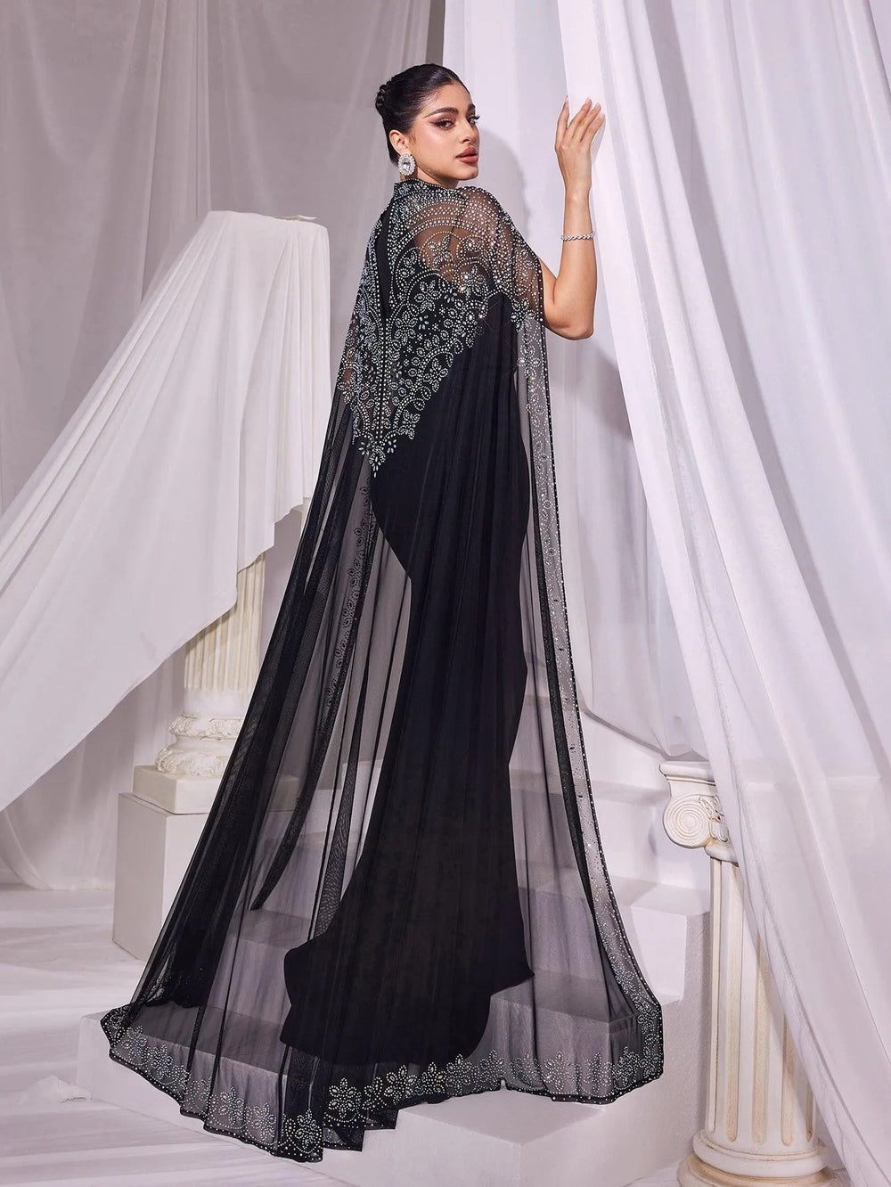 Rhinestone Detail Mock Neck Mermaid Hem Formal Cape Evening Dress in Black