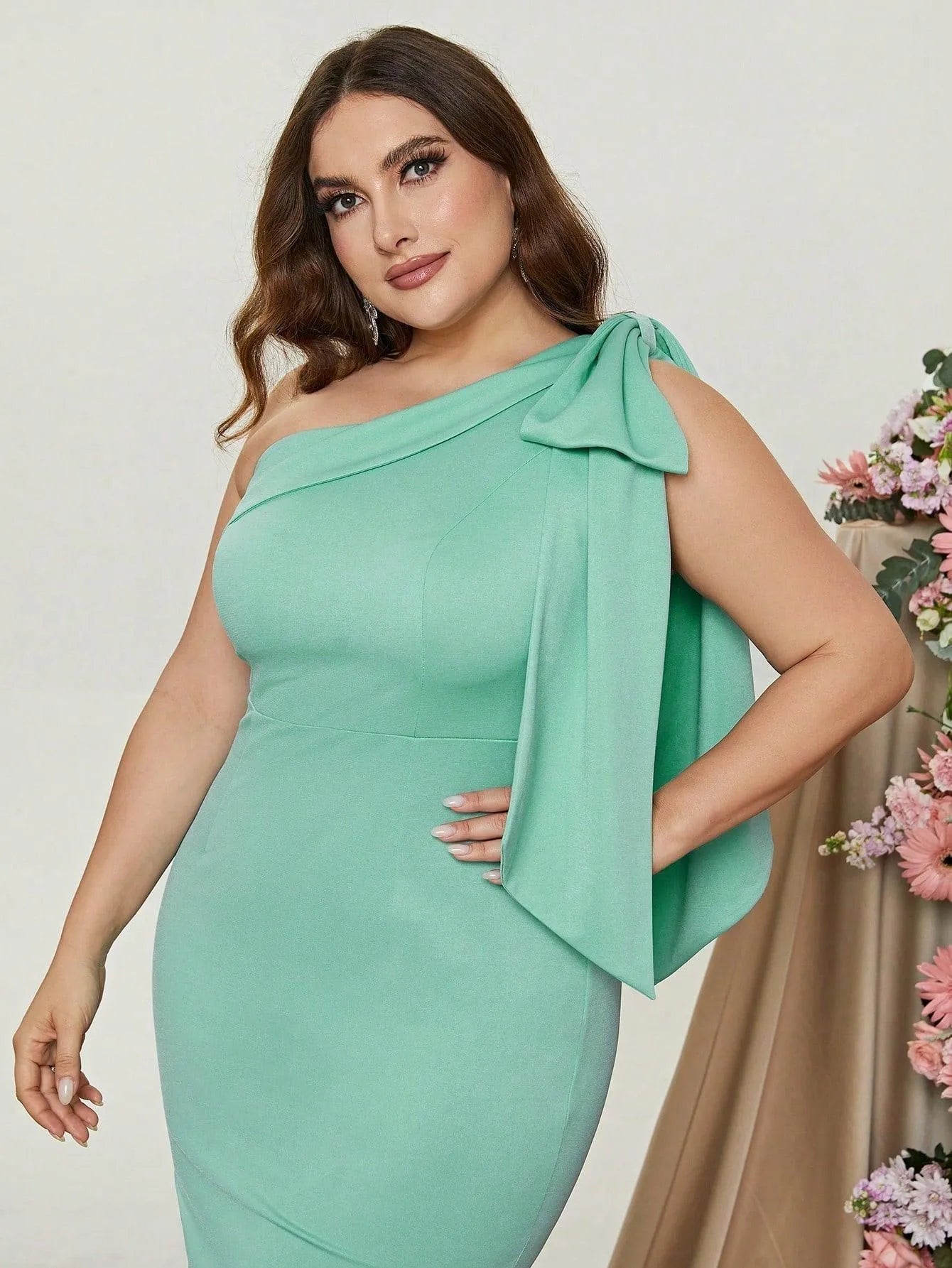 Plus Bow Detail One Shoulder Formal Mermaid Dress