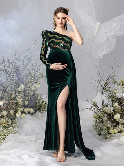 Maternity One-Shoulder Sequin Velvet Long-Sleeve Mermaid Evening Gown — authorized product image 3