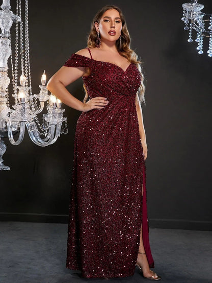 Plus Off Shoulder Short Sleeve Sequin Slit Party Dress