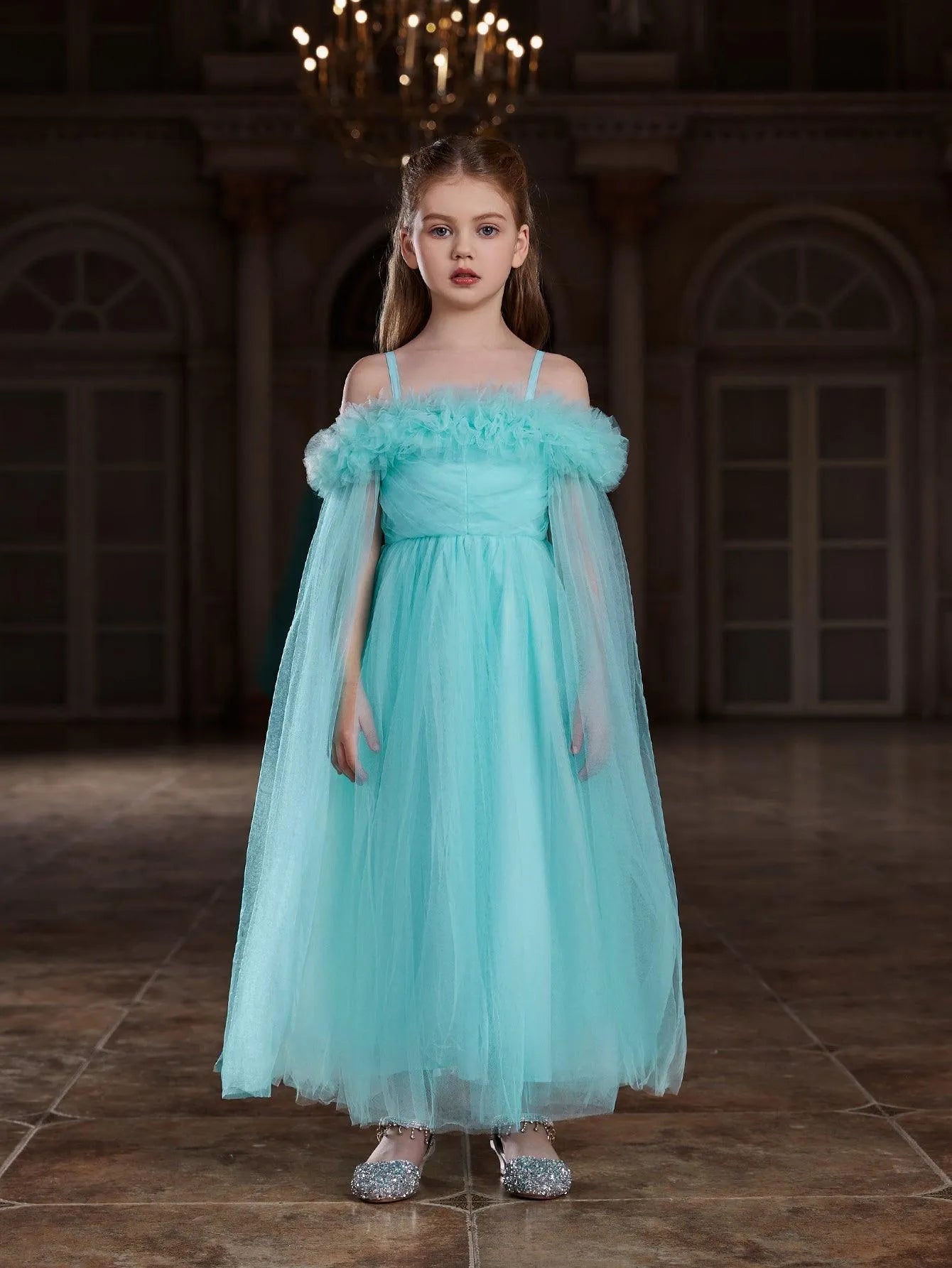 Additional product view of Ruffle Trim Off-Shoulder A-Line Long-Sleeve Mesh Tween Girls' Party Dress