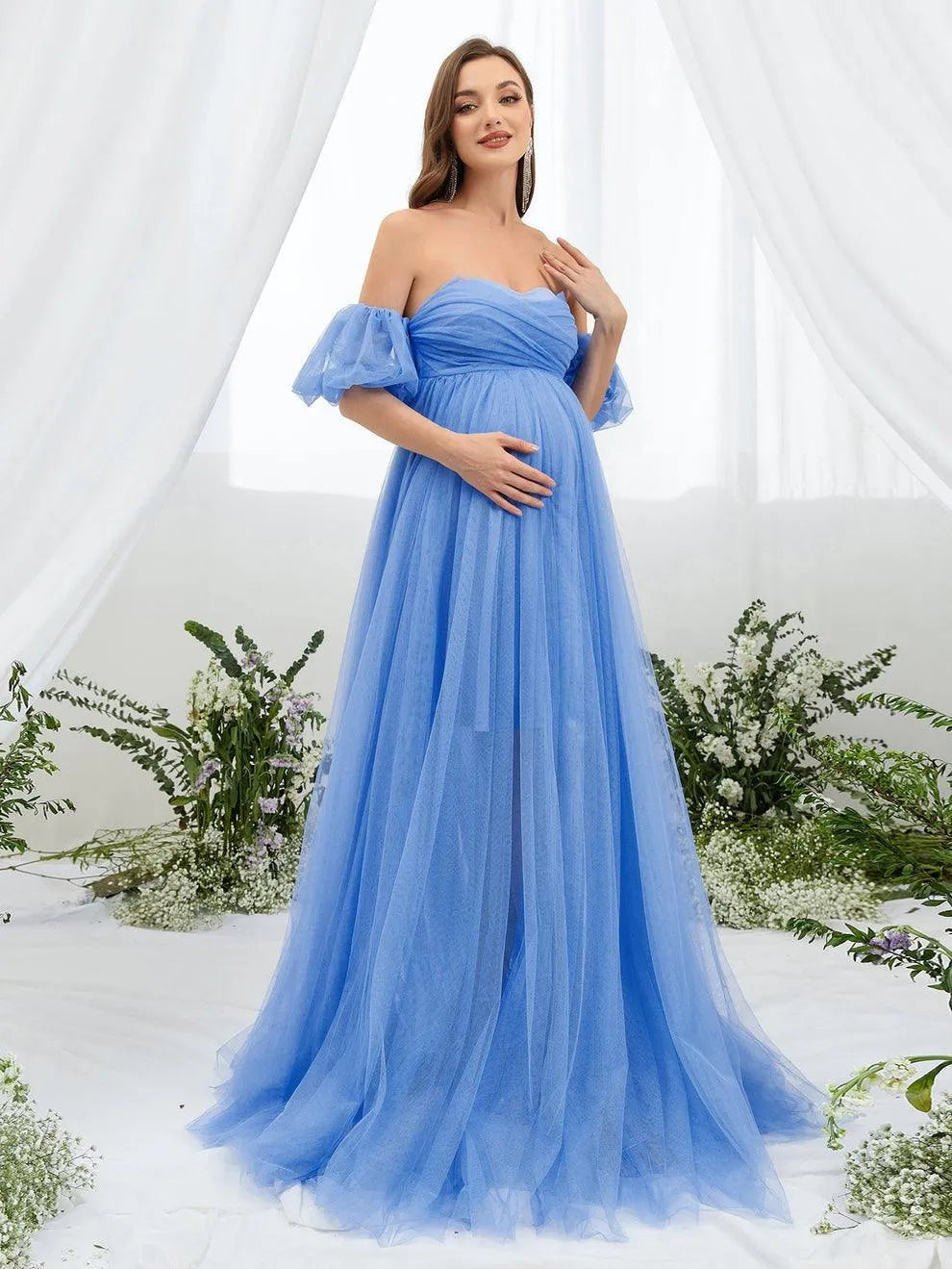 Additional product view of Mesh Overlay Puff-Sleeve Off-Shoulder A-Line Maxi Maternity Evening Dress