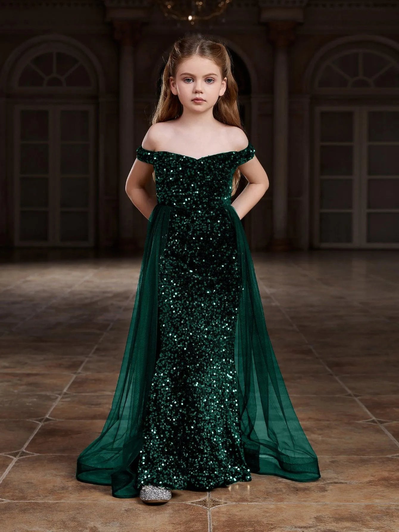 Additional product view of Mesh Overlay Off-Shoulder Sequin Mermaid Short-Sleeve Maxi Tween Girls' Party Dress
