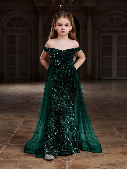 Additional product view of Mesh Overlay Off-Shoulder Sequin Mermaid Short-Sleeve Maxi Tween Girls' Party Dress