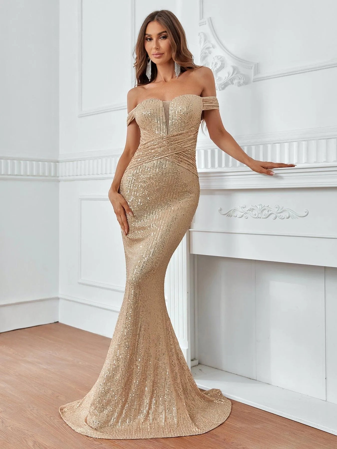 Contrast Mesh Off-Shoulder Mermaid Hem Sequin Formal Dress — authorized product image 1
