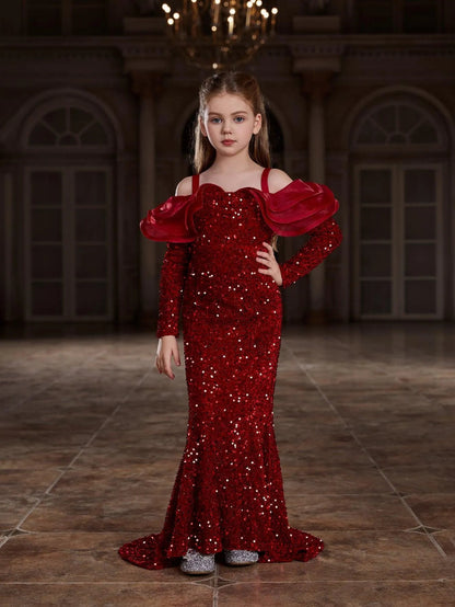 Additional product view of Ruffle Trim Off-Shoulder Sequin Mermaid Long-Sleeve Tween Girls' Party Dress