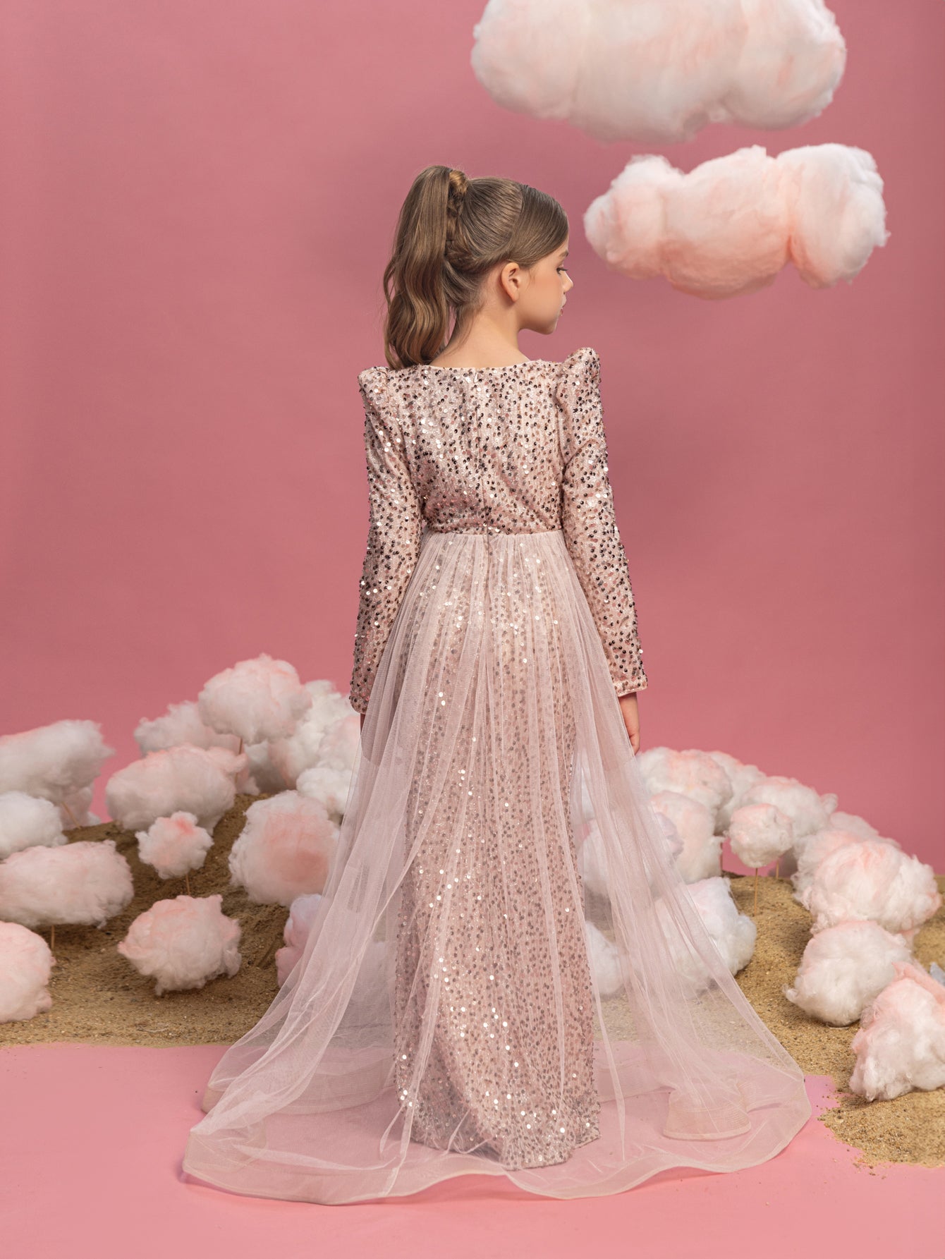 Additional product view of Mesh Overlay V-Neck Sequin Mermaid Long-Sleeve Tween Girls' Party Dress