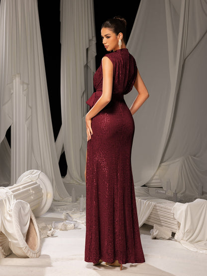 Additional product view of High-Slit Mock-Neck Sequin Mermaid Sleeveless Evening Gown