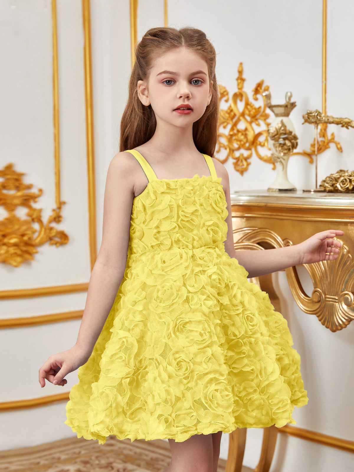 Additional product view of Floral Appliqué Cami Strap A-Line Sleeveless Mesh Tween Girls' Party Dress