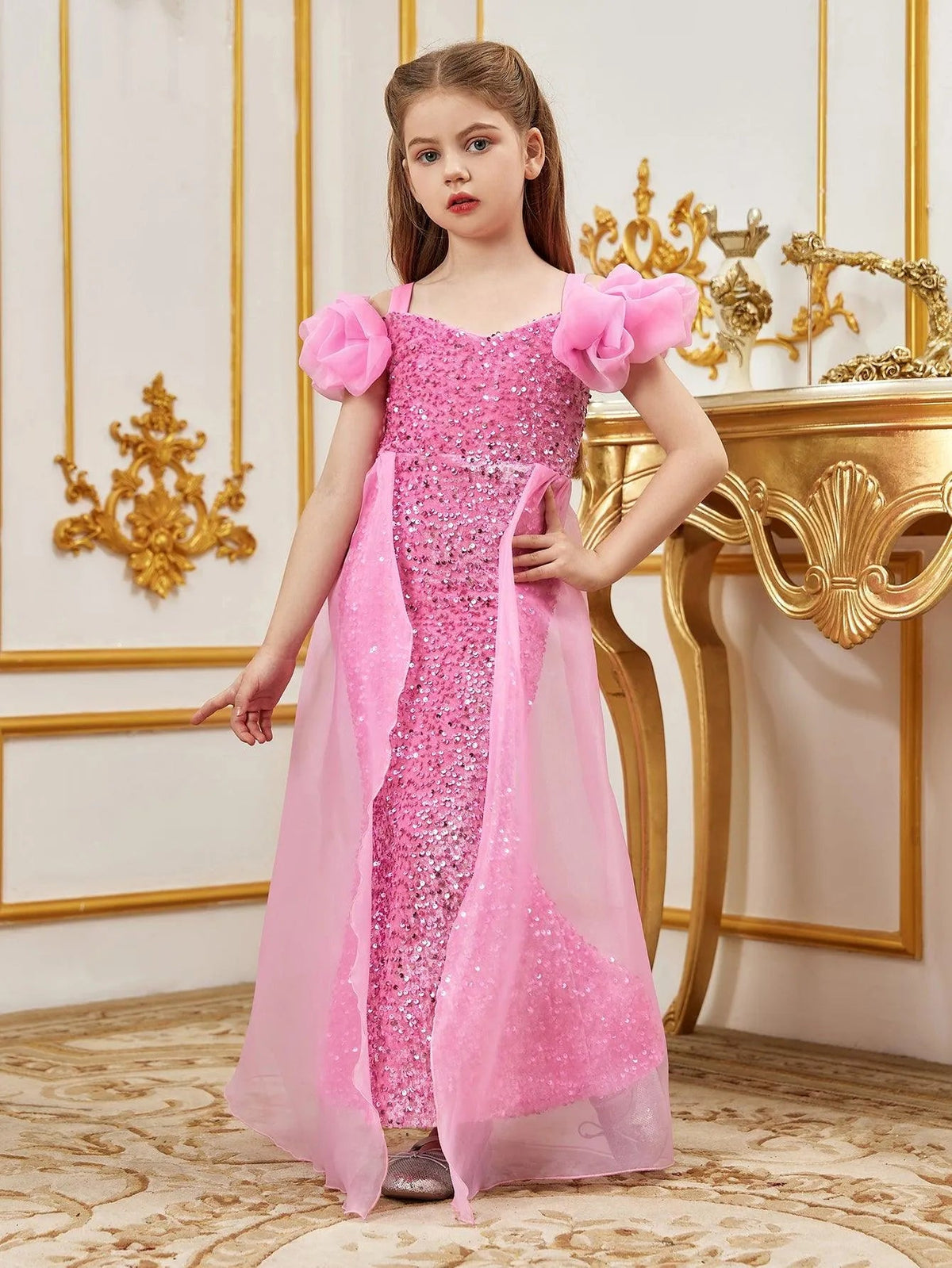 Additional product view of Mesh Overlay Sweetheart-Neck Sequin Mermaid Short-Sleeve Tween Girls' Party Dress