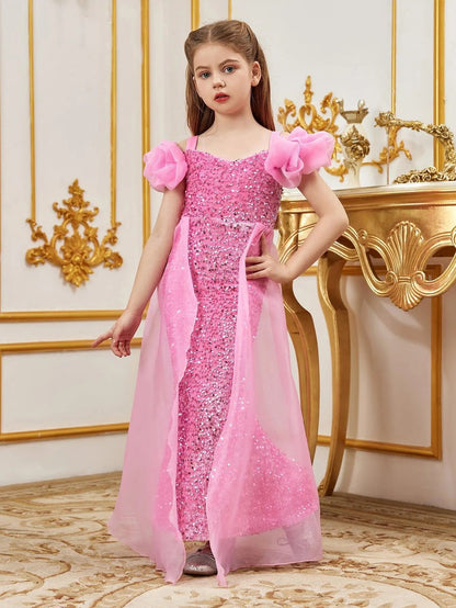 Additional product view of Mesh Overlay Sweetheart-Neck Sequin Mermaid Short-Sleeve Tween Girls' Party Dress