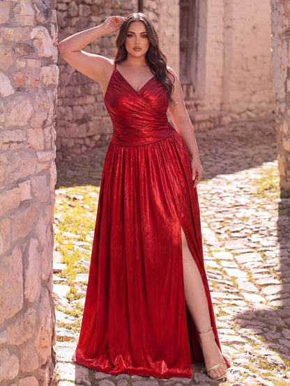 Plus Spaghetti Strap Metallic A-Line Prom Dress – view 4