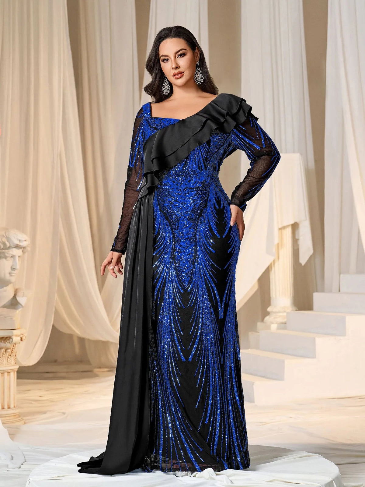Plus Asymmetrical Ruffle Trim Mermaid Hem Graphic Sequin Formal Dress Evening Dress