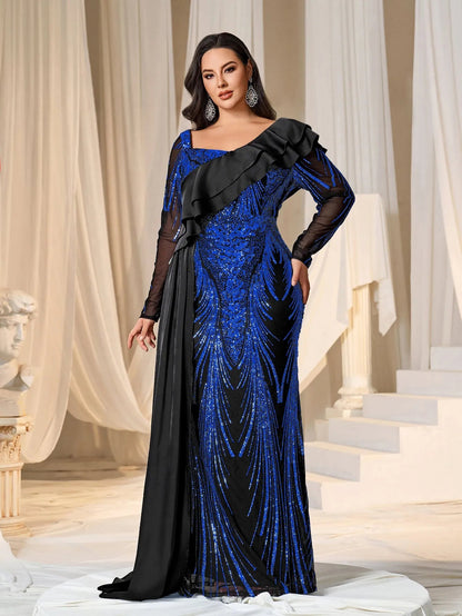 Plus Asymmetrical Ruffle Trim Mermaid Hem Graphic Sequin Formal Dress Evening Dress