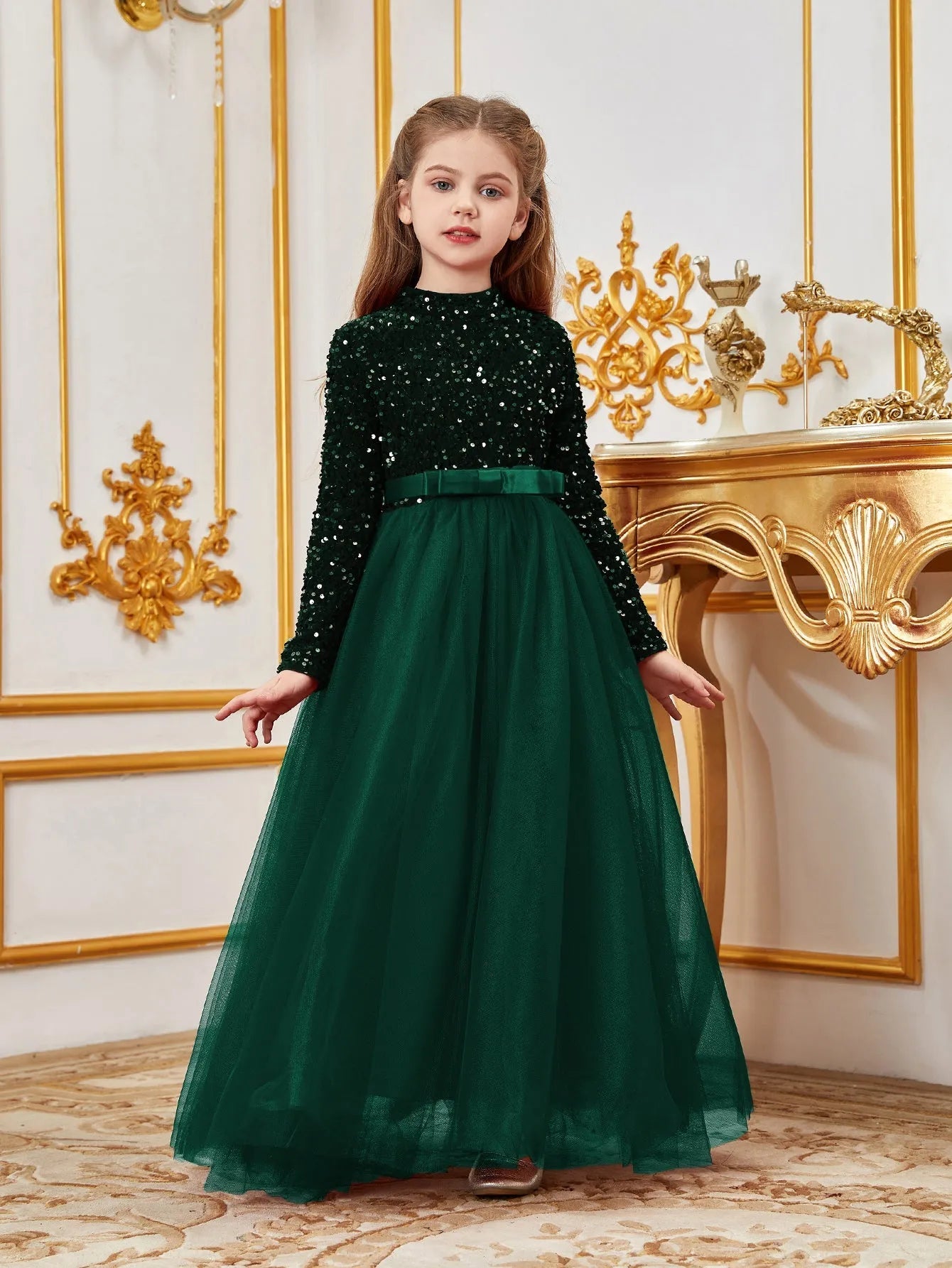Additional product view of Bow Detail Mock-Neck Sequin A-Line Long-Sleeve Tween Girls' Party Dress