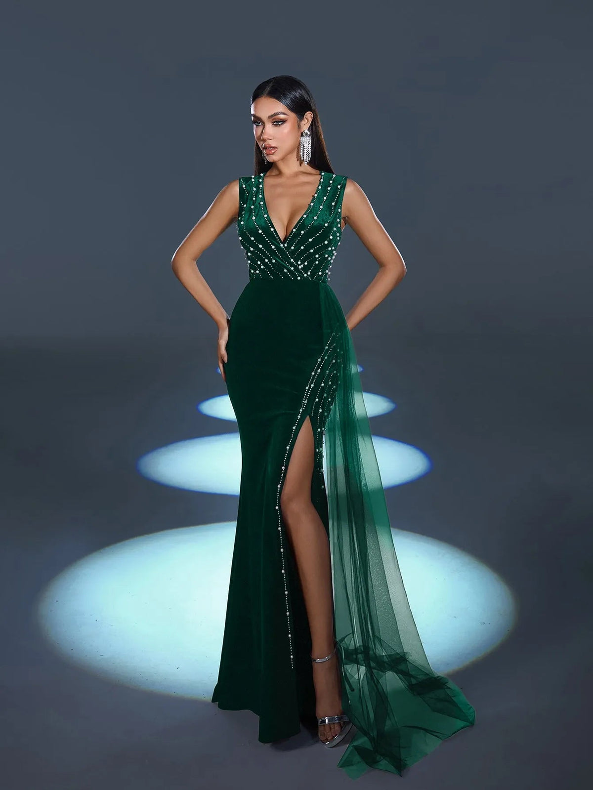 Additional view of V-Neck Velvet Sleeveless Mermaid Evening Gown