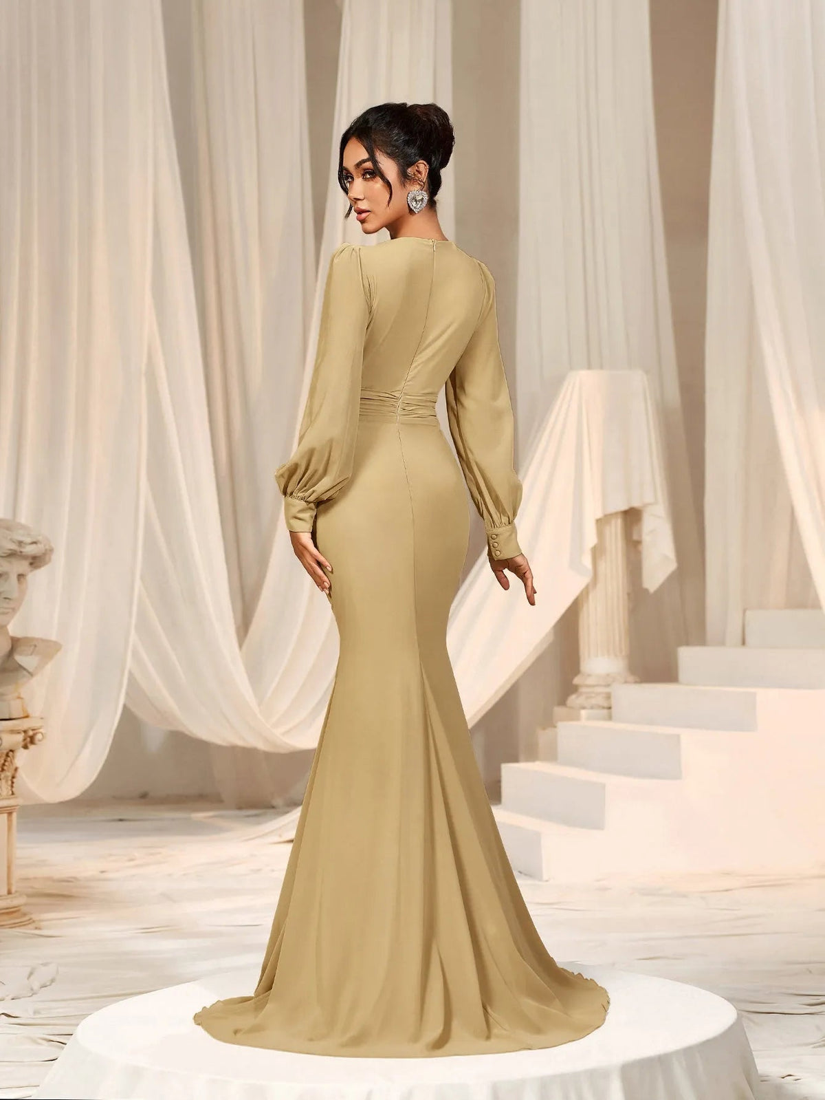 Additional product view of Surplice-Neck V-Neck Chiffon Mermaid Long-Sleeve Evening Gown