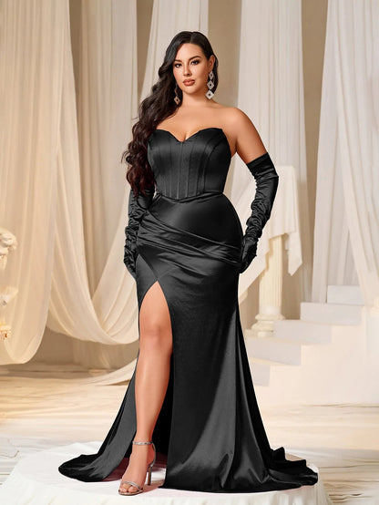 Plus Ruched Wrap Hem Satin Tube Prom Dress（Gloves Included） – view 9