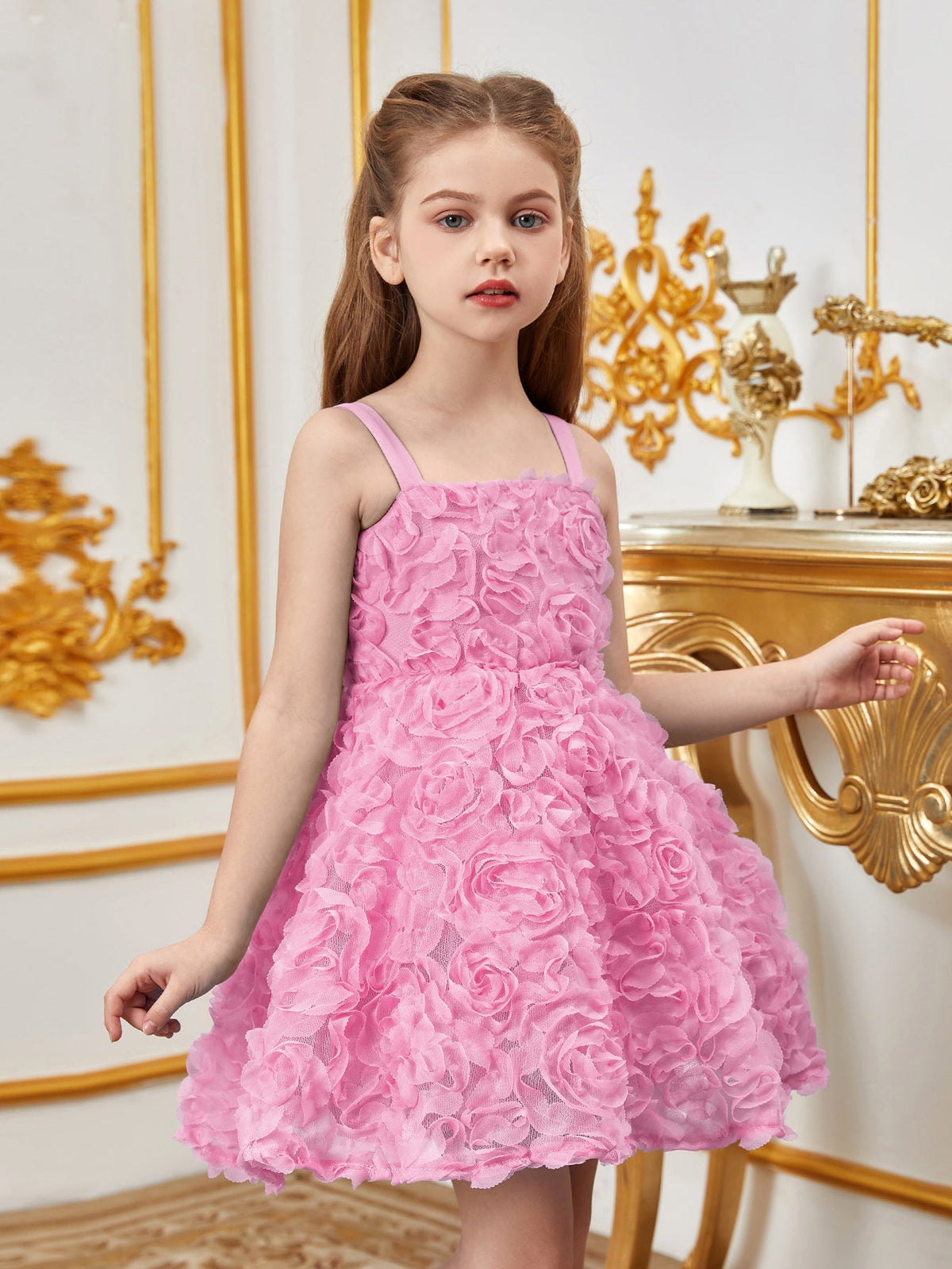Additional product view of Floral Appliqué Cami Strap A-Line Sleeveless Mesh Tween Girls' Party Dress