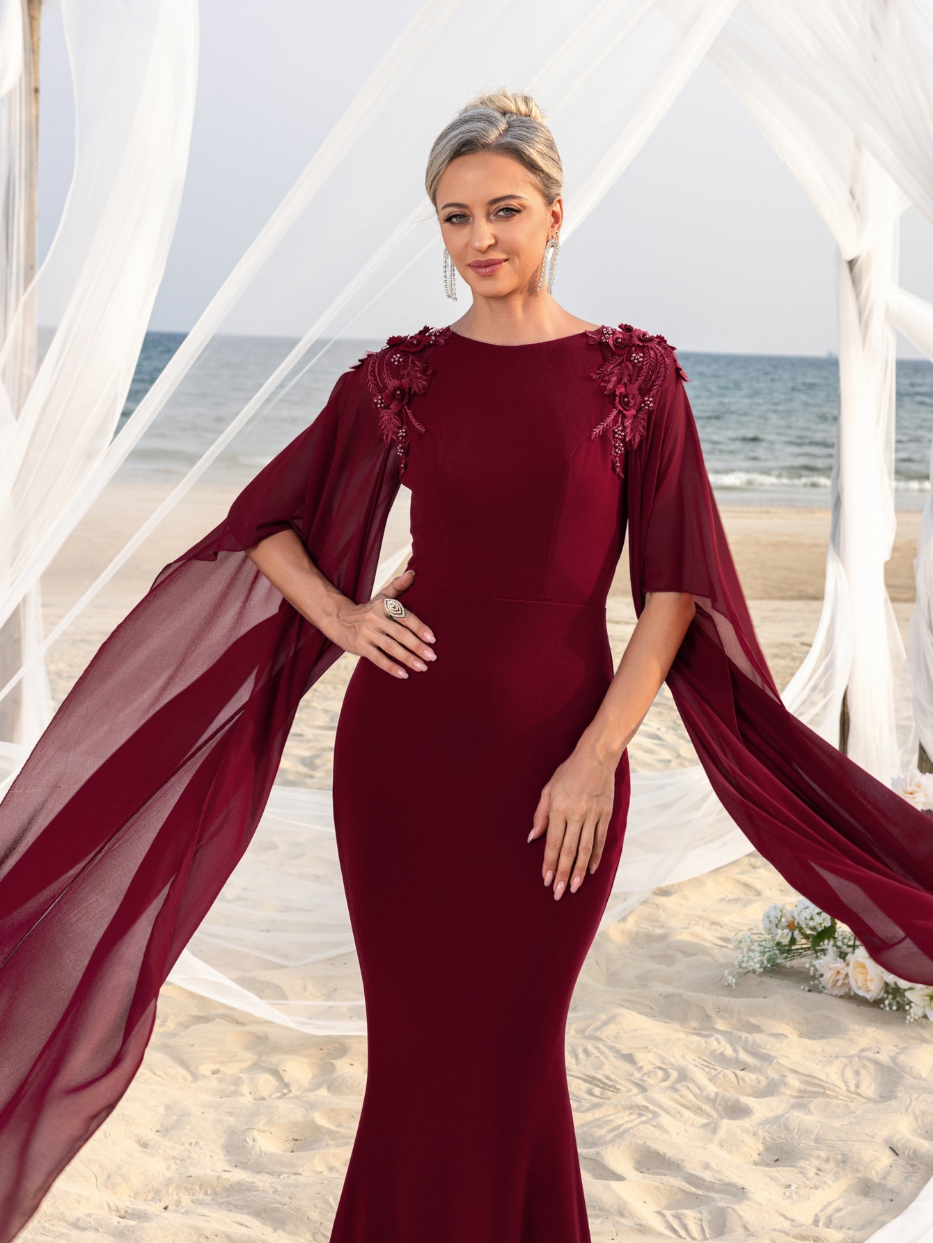 Mother-of-the-Bride Round Neck Chiffon Appliqué Half-Sleeve Mermaid Evening Gown — authorized product image 6