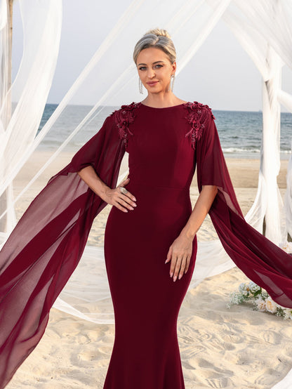 Mother-of-the-Bride Round Neck Chiffon Appliqué Half-Sleeve Mermaid Evening Gown — authorized product image 6