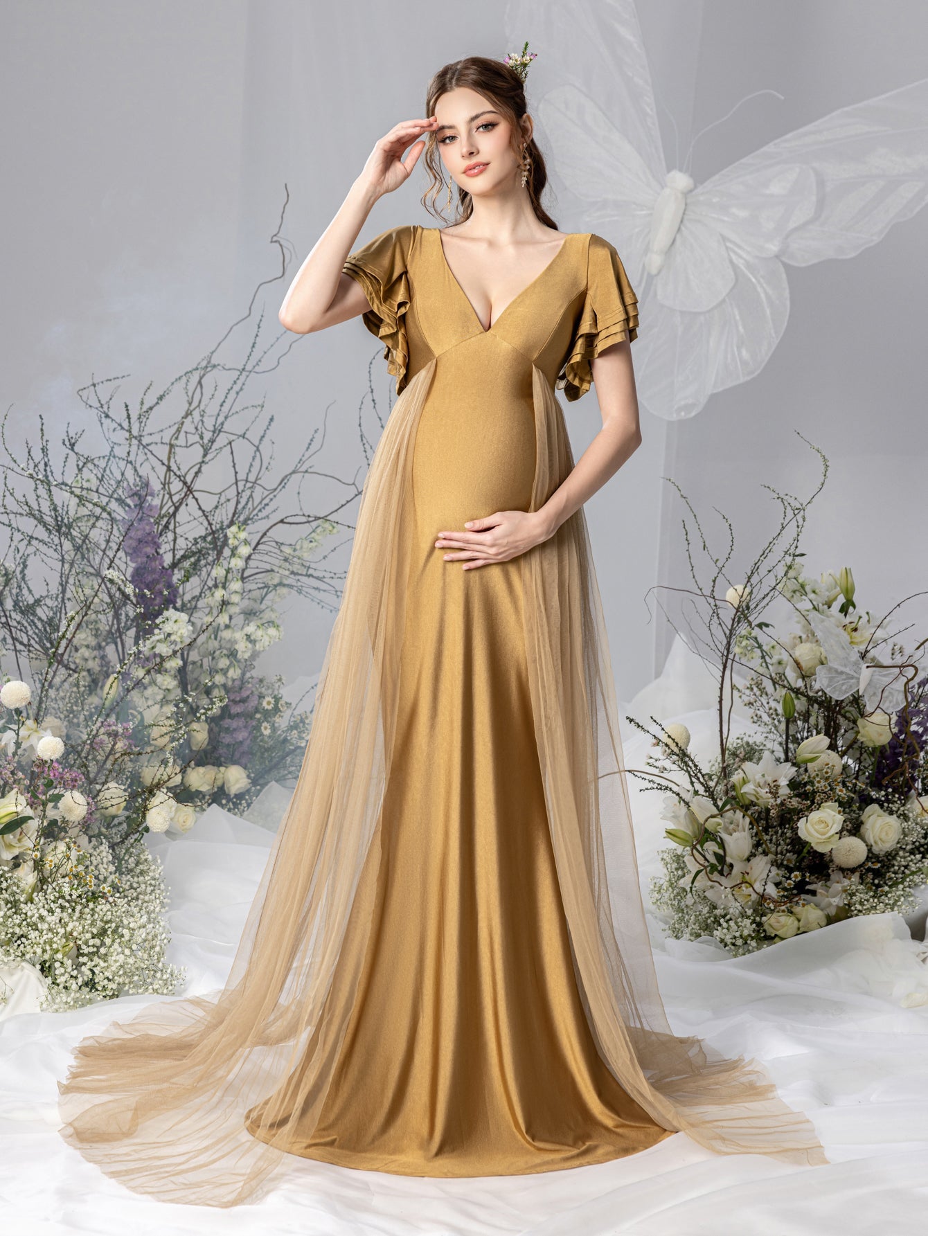 Maternity V-Neck Ruffle-Sleeve Mermaid Evening Dress - product image 3