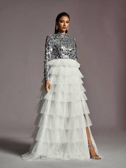 Additional product view of Layered Hem Sequin Bodice Tulle Mock-Neck Long-Sleeve Wedding Dress