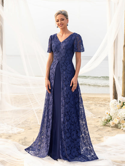 Additional view of Navy Blue V-Neck Lace Floral A-Line Mother of the Bride Dress