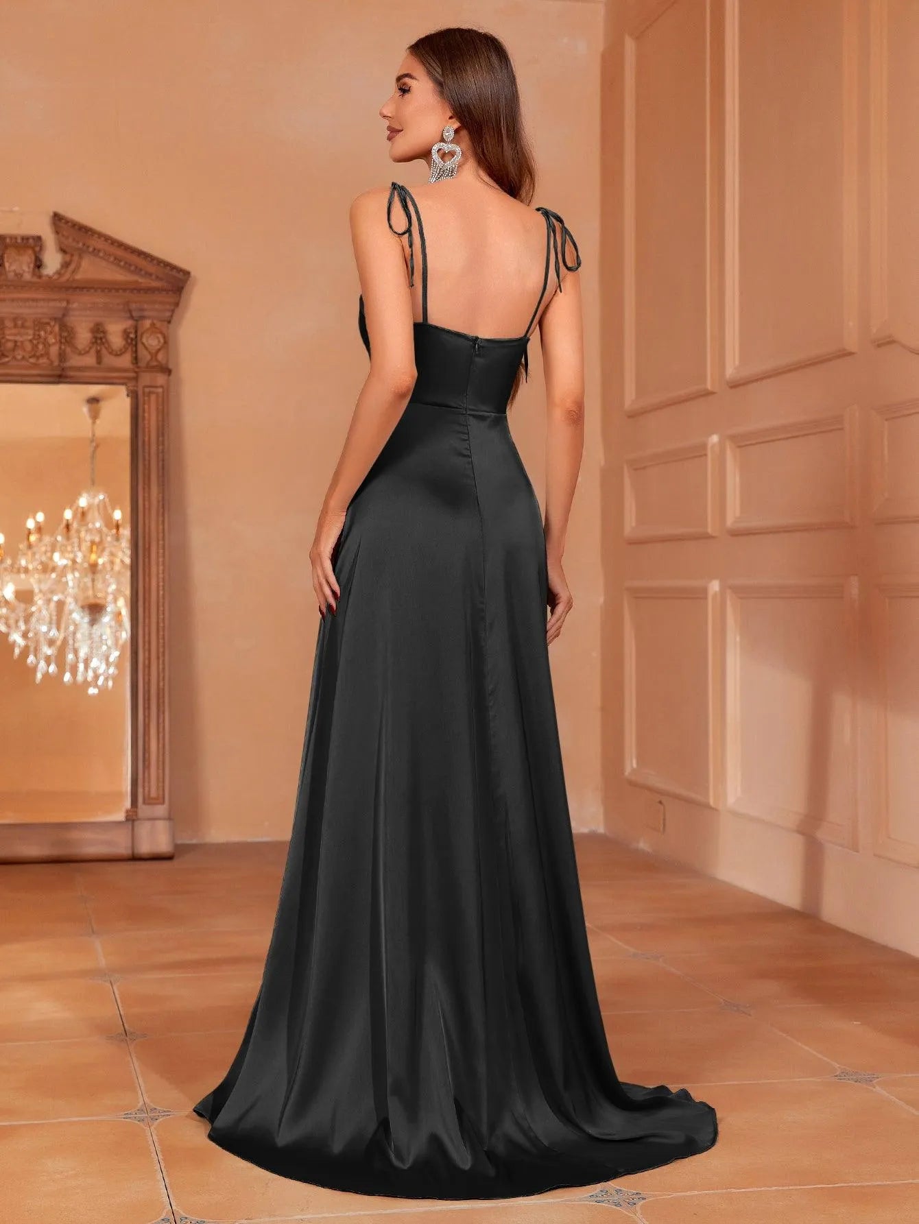 Elegant Tie Shoulder Satin Bridesmaid Dress – view 32