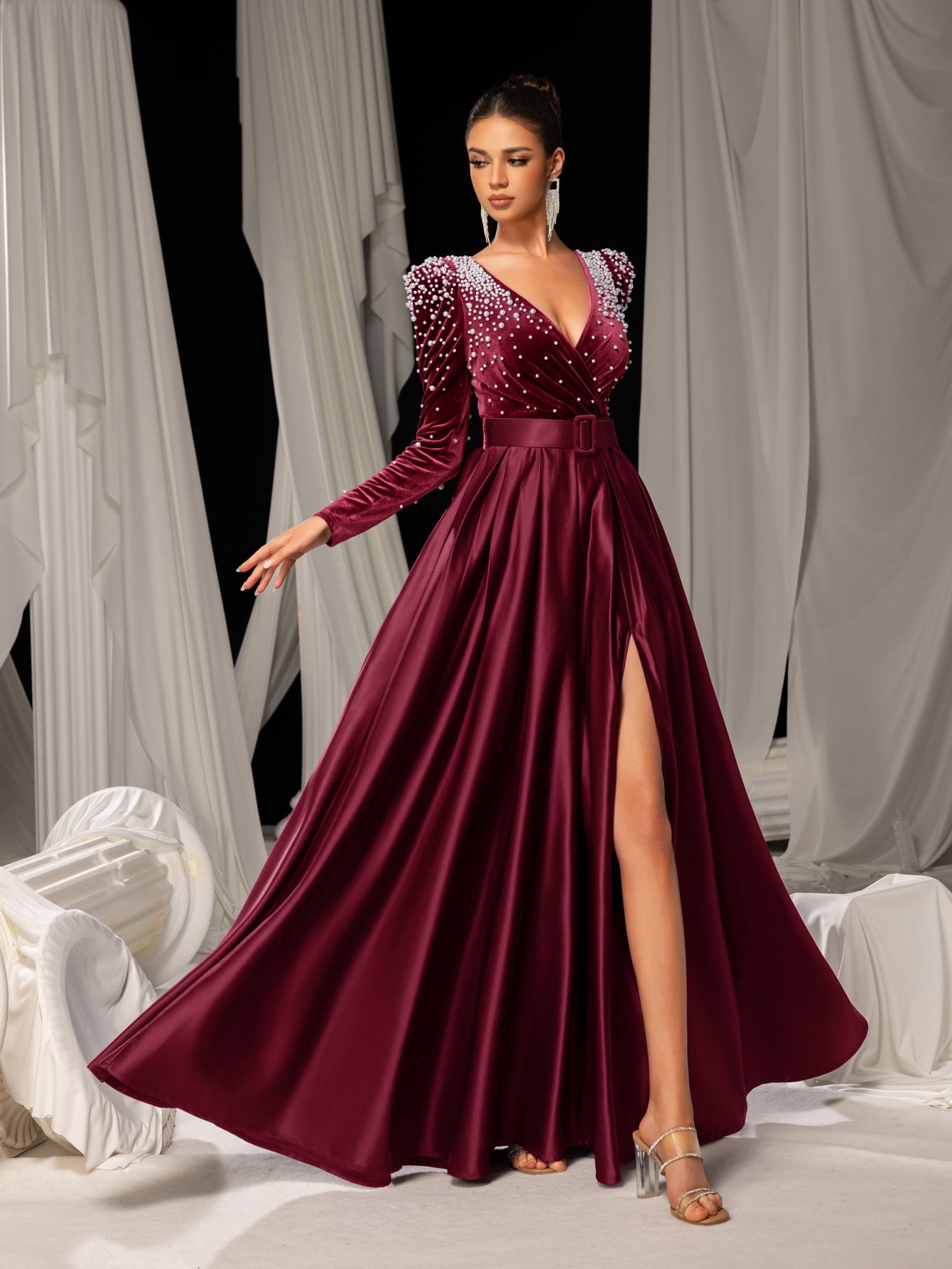 Elegant Evening Gown with Deep V-Neck & Side Slit – Luxurious Satin Gown for Red Carpet, Gala Dinners & High-End Events