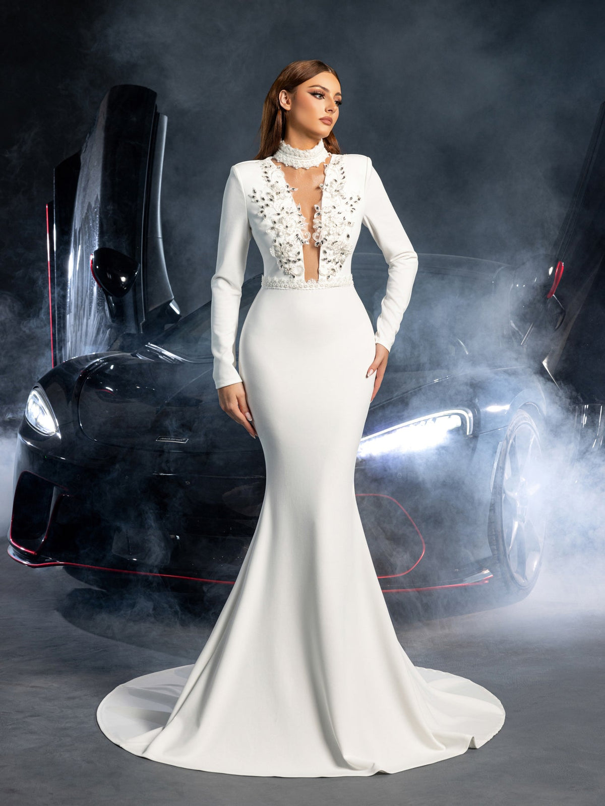 Additional product view of Mermaid Hem Knit Mock-Neck Long-Sleeve Appliqué Wedding Dress