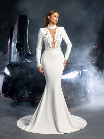 Additional product view of Mermaid Hem Knit Mock-Neck Long-Sleeve Appliqué Wedding Dress