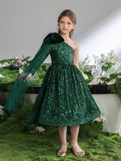 Additional product view of Bow Detail One-Shoulder Sequin A-Line Midi Tween Girls' Party Dress
