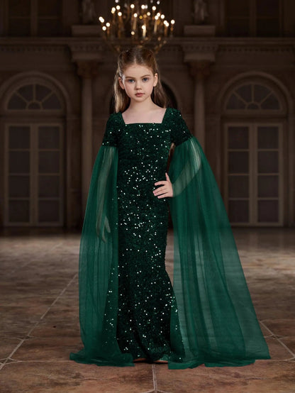 Additional product view of Cloak-Sleeve Square-Neck Sequin Mermaid Maxi Tween Girls' Party Dress