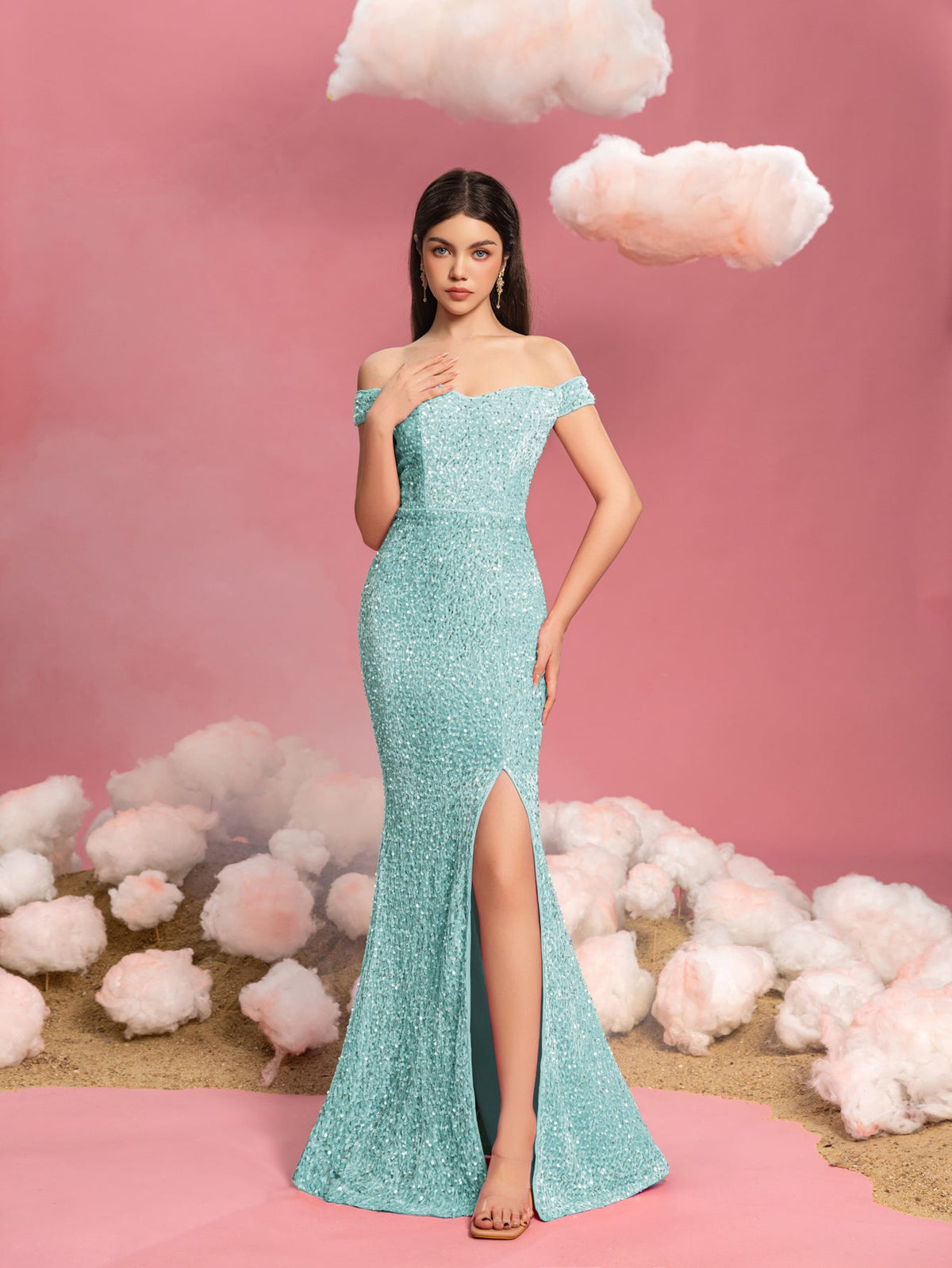 Additional product view of Mermaid Hem Off-Shoulder Sequin Short-Sleeve Maxi Teen Girls' Party Dress