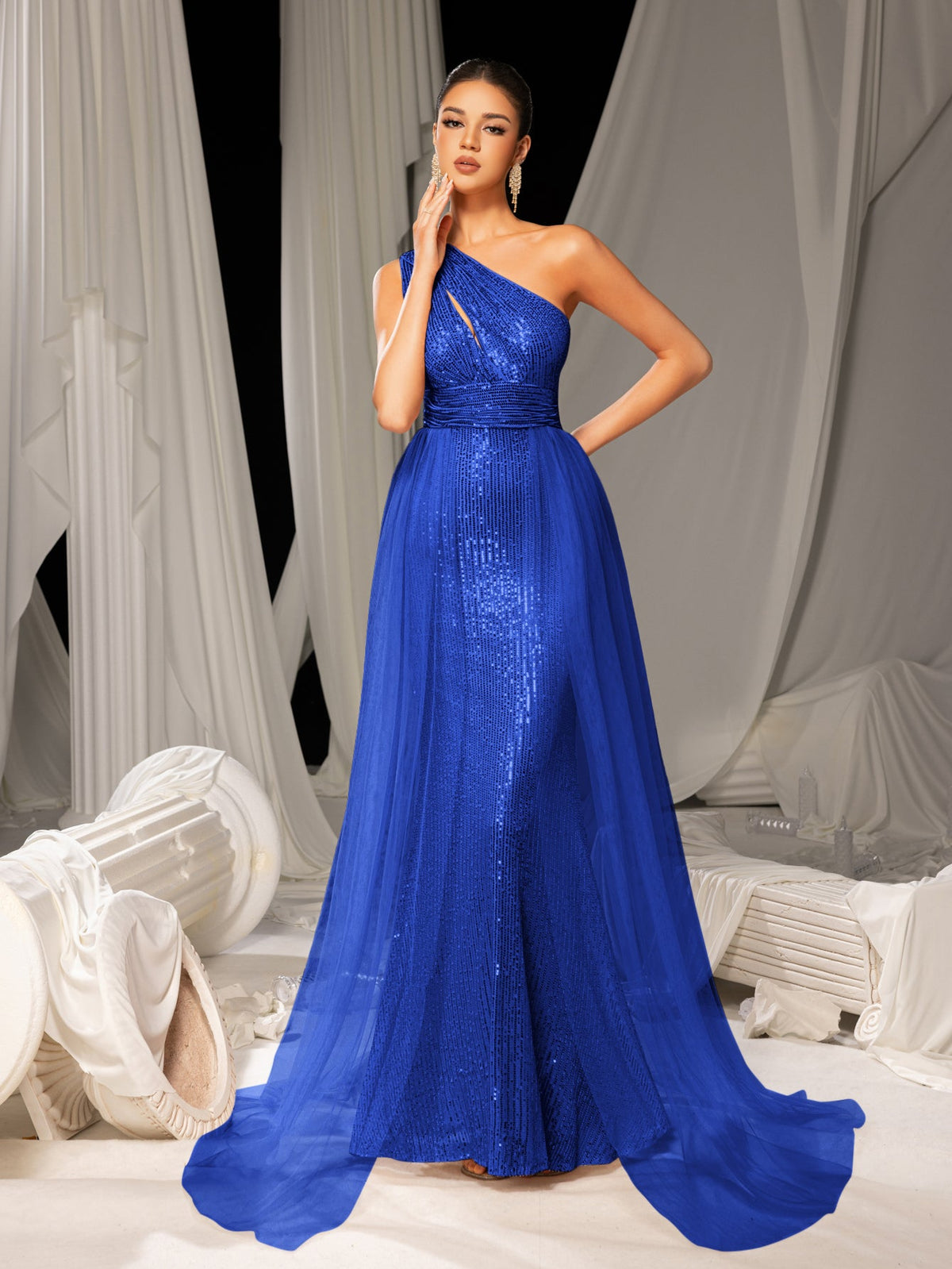 Additional product view of Mesh Overlay One-Shoulder Sequin Mermaid Sleeveless Evening Gown