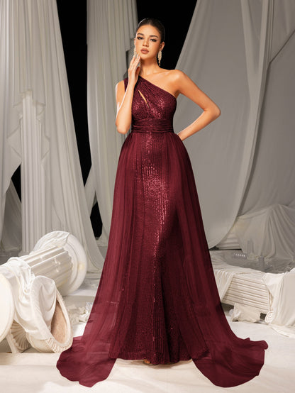 Additional product view of Mesh Overlay One-Shoulder Sequin Mermaid Sleeveless Evening Gown