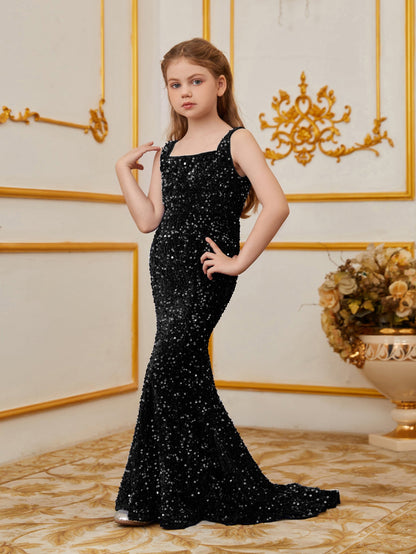Additional product view of Mermaid Hem Square-Neck Sequin Sleeveless Maxi Tween Girls' Party Dress
