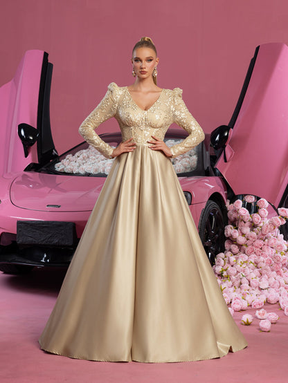 Elegant V Neck Lace Bodice Satin A-line Prom Dress