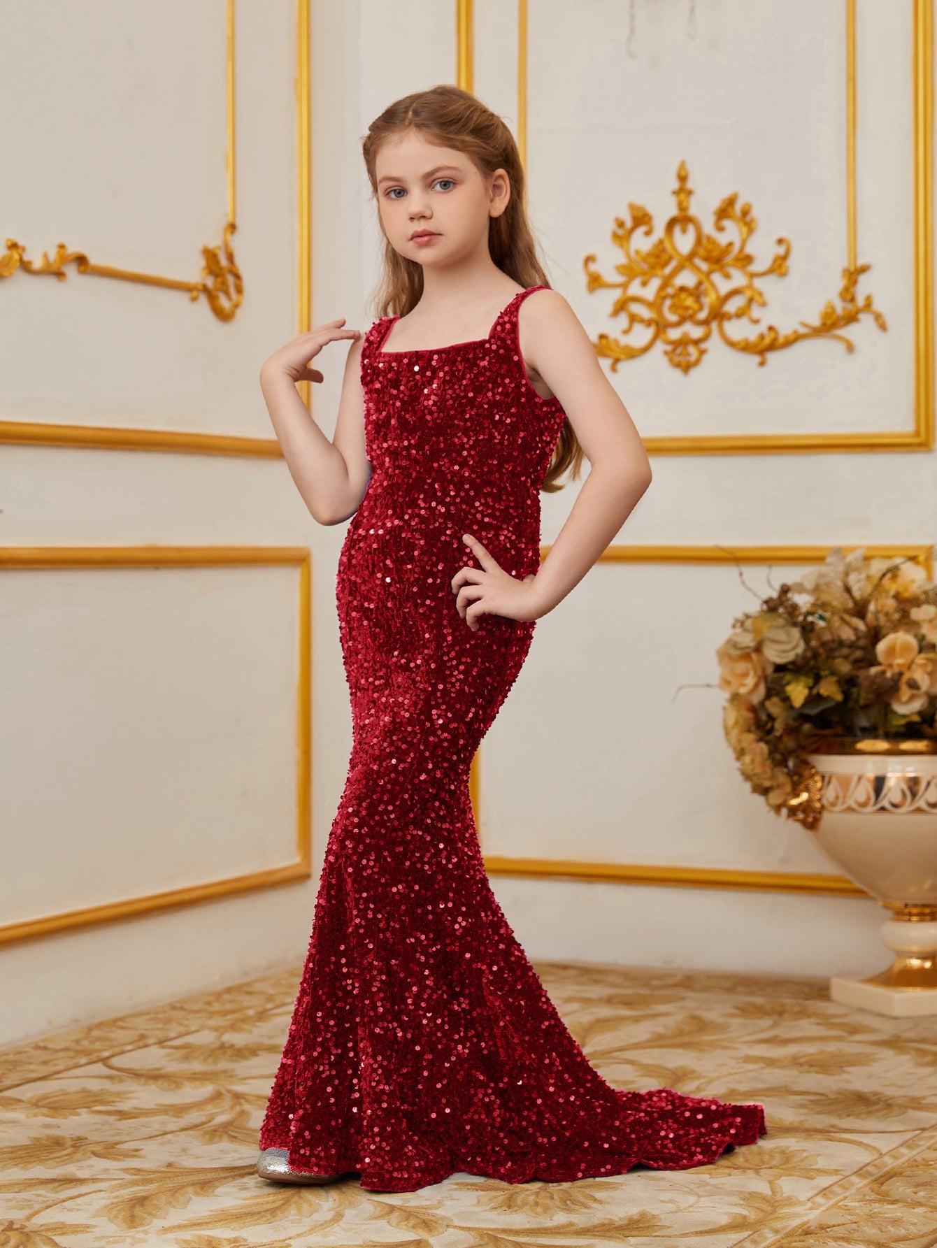 Additional product view of Mermaid Hem Square-Neck Sequin Sleeveless Maxi Tween Girls' Party Dress