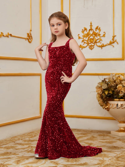 Additional product view of Mermaid Hem Square-Neck Sequin Sleeveless Maxi Tween Girls' Party Dress
