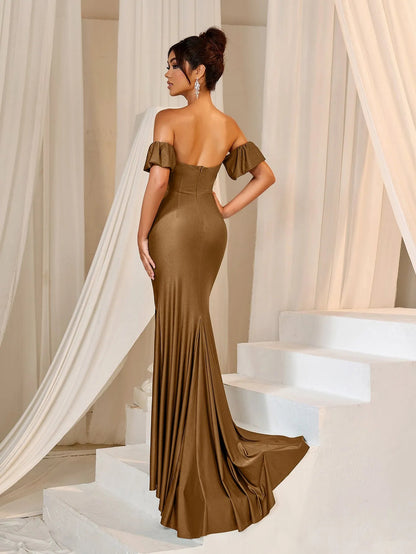 Additional product view of Mermaid Hem Off-Shoulder Knit Backless Short-Sleeve Evening Gown