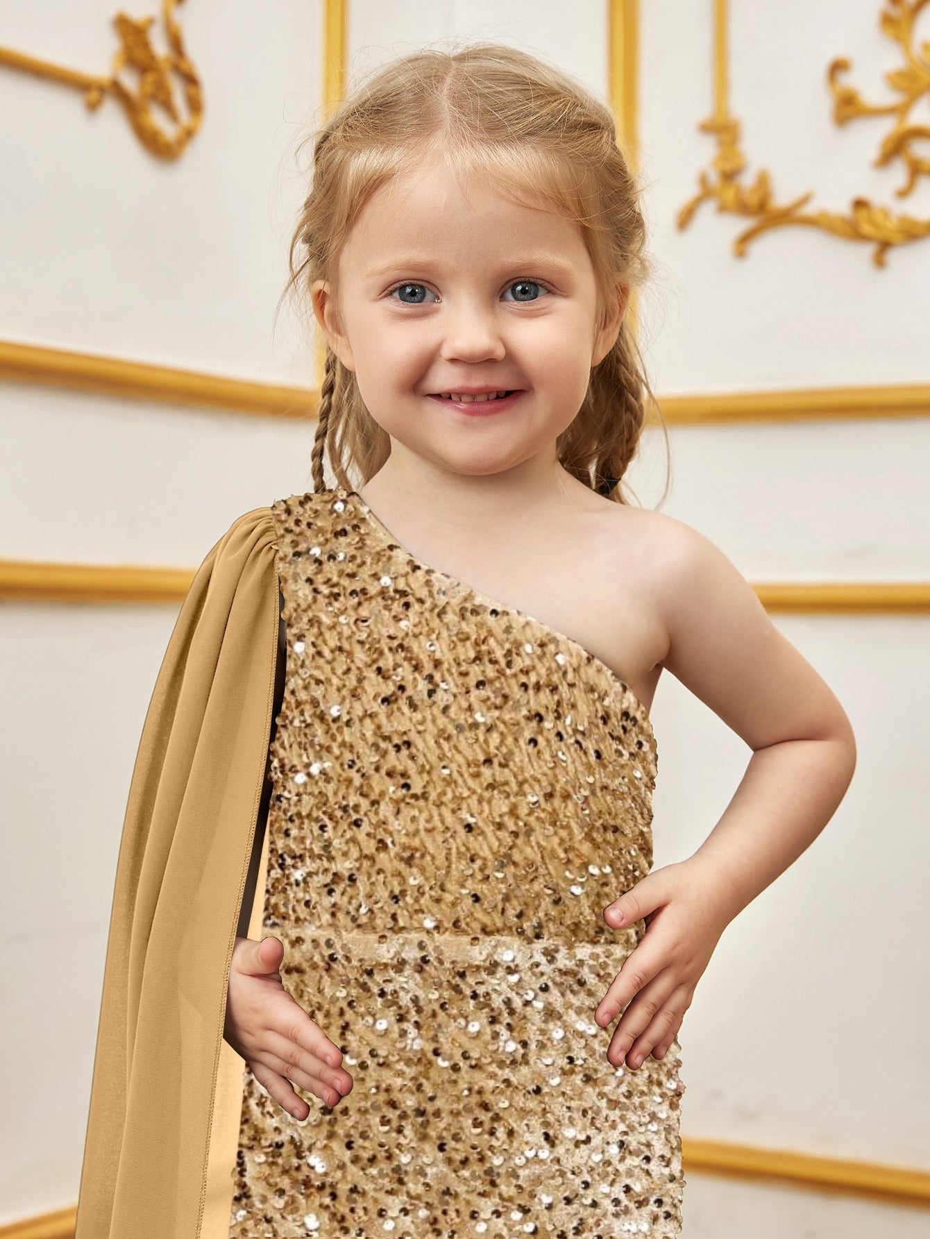 Additional product view of Draped Side One-Shoulder Sequin Mermaid Sleeveless Young Girls' Party Dress