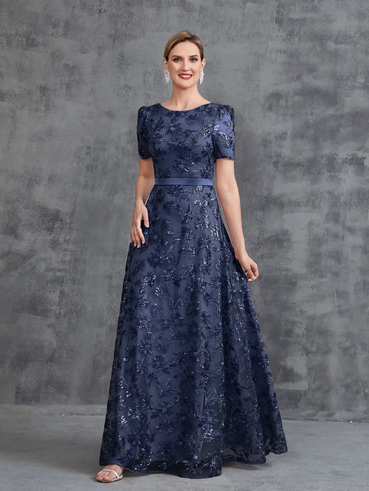 Additional product view of Short-Sleeve A-Line Sequin Maxi Mother-of-the-Bride Dress