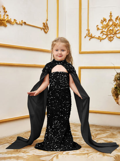 Additional product view of Cape-Sleeve Mock-Neck Sequin Mermaid Maxi Young Girls' Party Dress