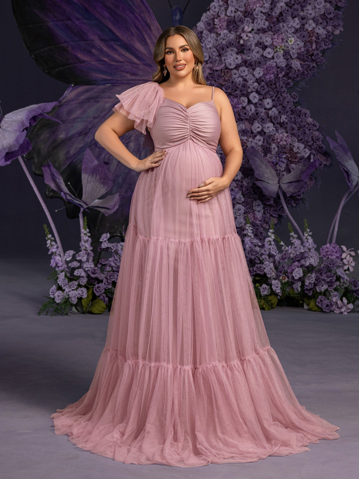 Plus-Size Maternity Spaghetti Strap Tulle Sleeveless A-Line Evening Gown — authorized product image 8