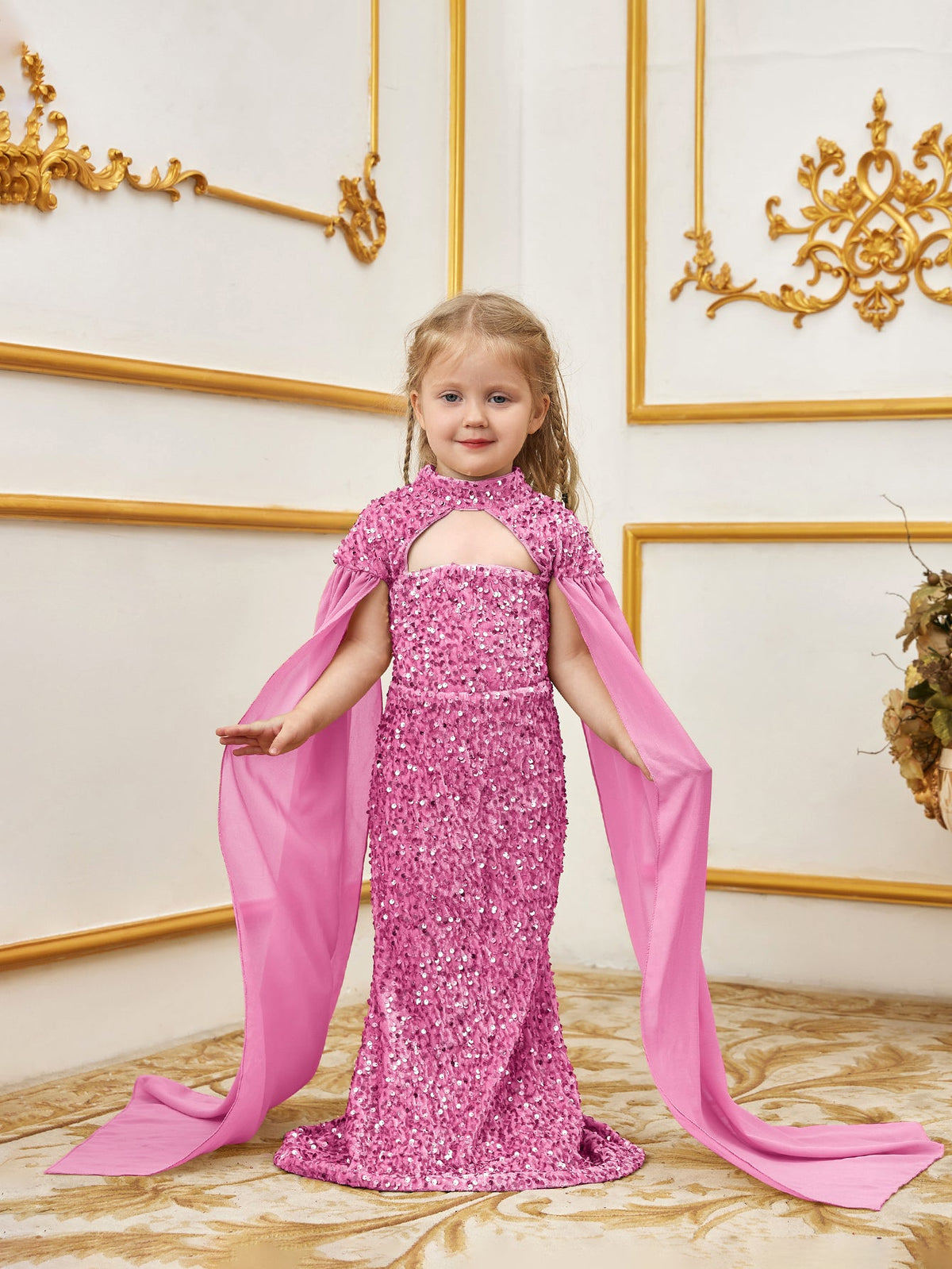 Additional product view of Cape-Sleeve Mock-Neck Sequin Mermaid Maxi Young Girls' Party Dress