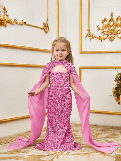Additional product view of Cape-Sleeve Mock-Neck Sequin Mermaid Maxi Young Girls' Party Dress