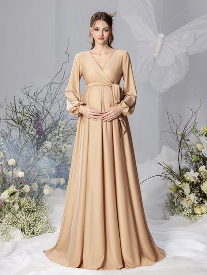 Maternity V-Neck Bow Long-Sleeve A-Line Evening Gown — authorized product image 1