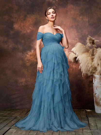 Maternity Off-Shoulder Tulle Short-Sleeve A-Line Evening Gown — authorized product image 17